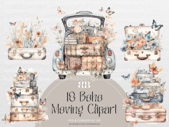 10 Boho Wildflower Suitcases PNG Clipart