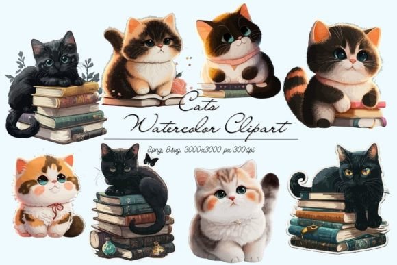 Cat Books Watercolor Sticker