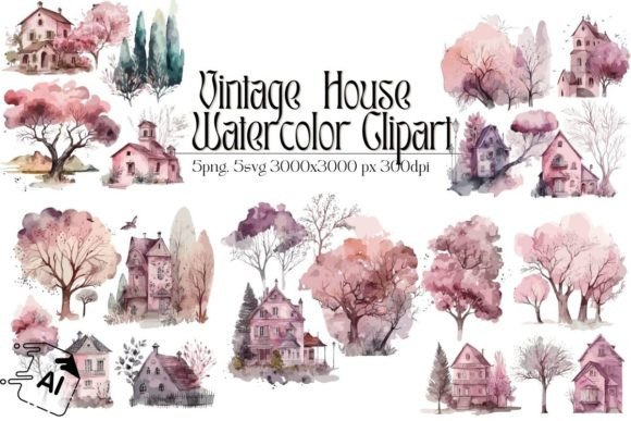Vintage House Watercolor Clipart