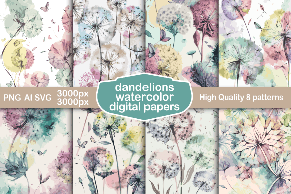 Watercolor Dandelions Digital Papers Set
