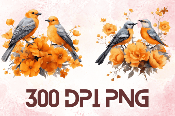 Watercolor Orange Birds on Branch Set 02