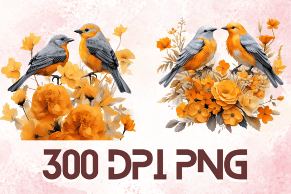 Watercolor Orange Birds on Branch Set 06